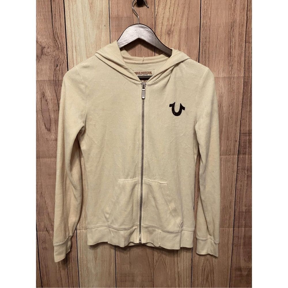 True Religion XS Buddha zip up hoodie sweatshirt cream black Y2K - Picture 3 of 8
